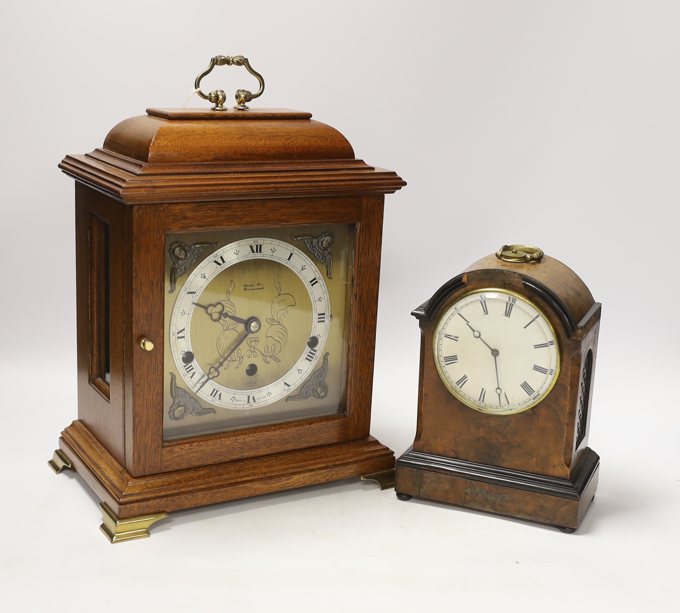 Two mantel clocks; an Elliott three train clock chiming on eight gongs, 29cm high, together with a small late 19th century timepiece by VAP Brevete